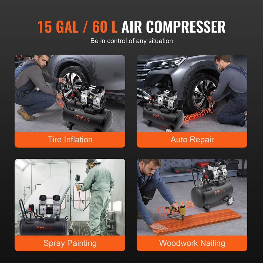 VEVOR Air Compressor Compact Portable Oil Free Compressor 15 Gallon 90 PSI