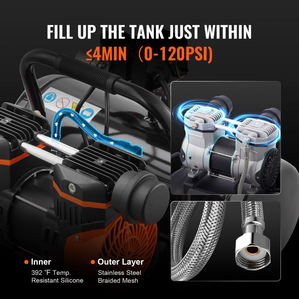 VEVOR Air Compressor Compact Portable Oil Free Compressor 2 Gallon 8bar