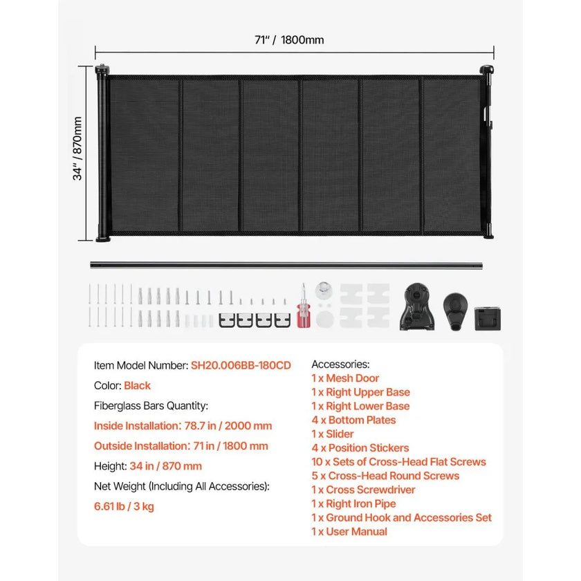 VEVOR Retractable Baby Gate 34 in Tall Extend to 71in Wide Kids Pets Black