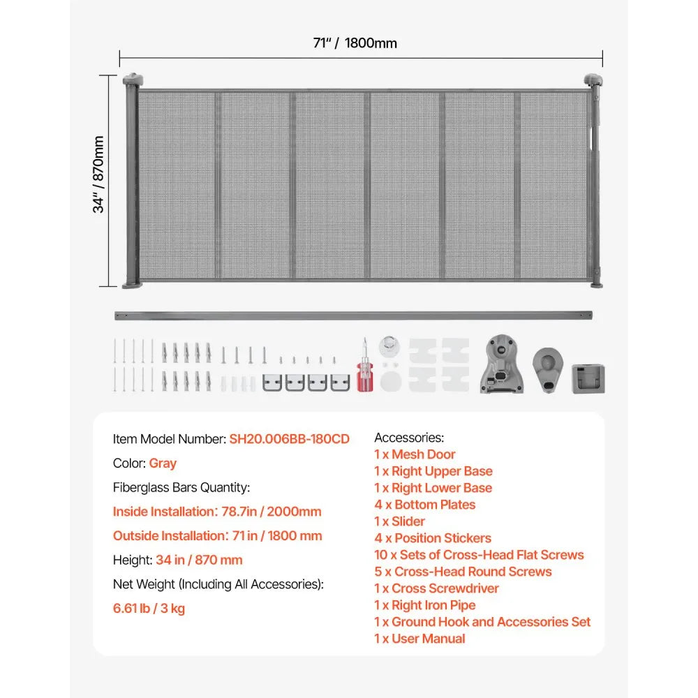 VEVOR Retractable Baby Gate 34 in Tall Extend to 71 in Wide Kids Pets Gray