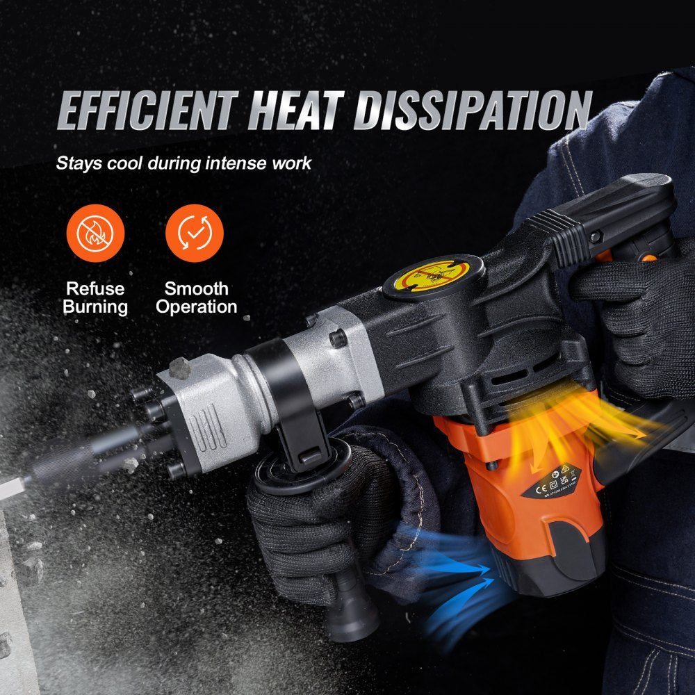 VEVOR Demolition Jack Hammer, 1400W Electric Jackhammer Heavy Duty, 2900 BPM Concrete Breaker 2pcs Chisels Bits Chipping W/Case, Gloves