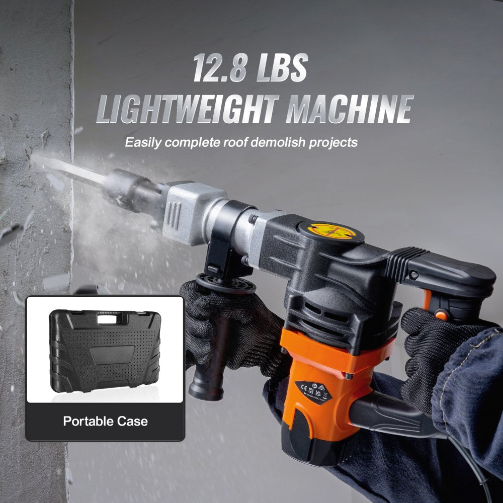 VEVOR Demolition Jack Hammer, 1400W Electric Jackhammer Heavy Duty, 2900 BPM Concrete Breaker 2pcs Chisels Bits Chipping W/Case, Gloves
