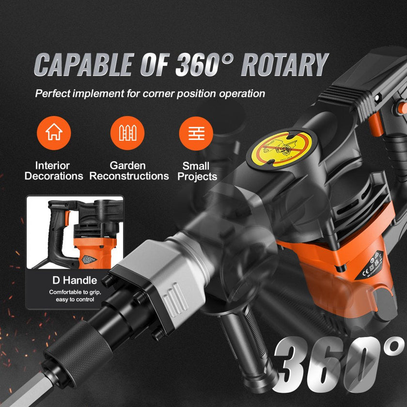 VEVOR Demolition Jack Hammer, 1400W Electric Jackhammer Heavy Duty, 2900 BPM Concrete Breaker 2pcs Chisels Bits Chipping W/Case, Gloves