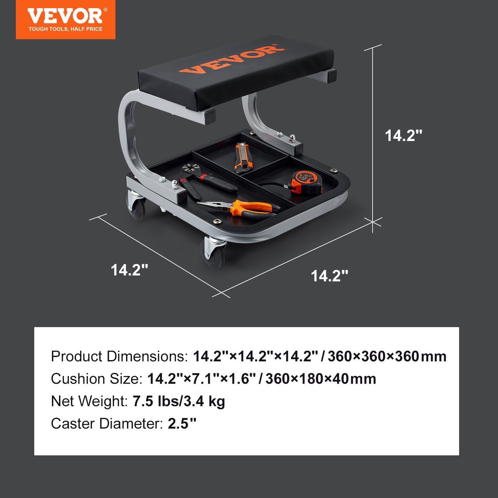 VEVOR Rolling Creeper Garage/Shop Seat, 250 LBS Capacity Padded Rolling Workshop Stool with Tool Tray Storage, Mechanic Stool for Garage, Shop, Auto Repair, Black