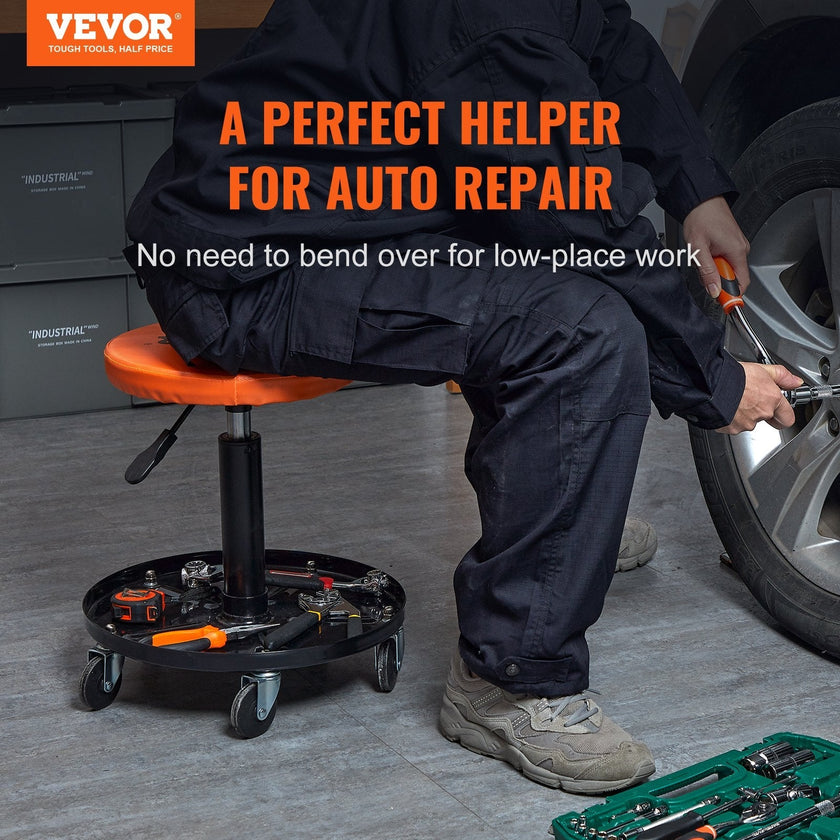 VEVOR Mechanic Stool, 250 LBS Rolling Pneumatic Creeper Garage/Shop Seat, Adjustable Height 16 in-22 in Padded Rolling Workshop Stool with Tool Tray, for Garage, Shop, Auto Repair, Black+Orange