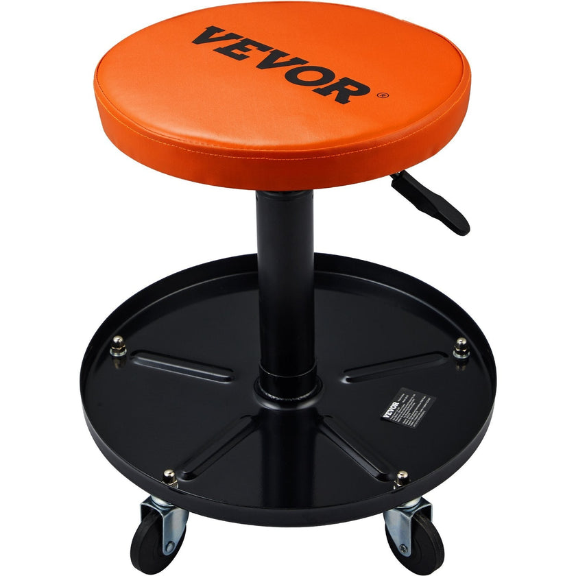 VEVOR Mechanic Stool, 250 LBS Rolling Pneumatic Creeper Garage/Shop Seat, Adjustable Height 16 in-22 in Padded Rolling Workshop Stool with Tool Tray, for Garage, Shop, Auto Repair, Black+Orange