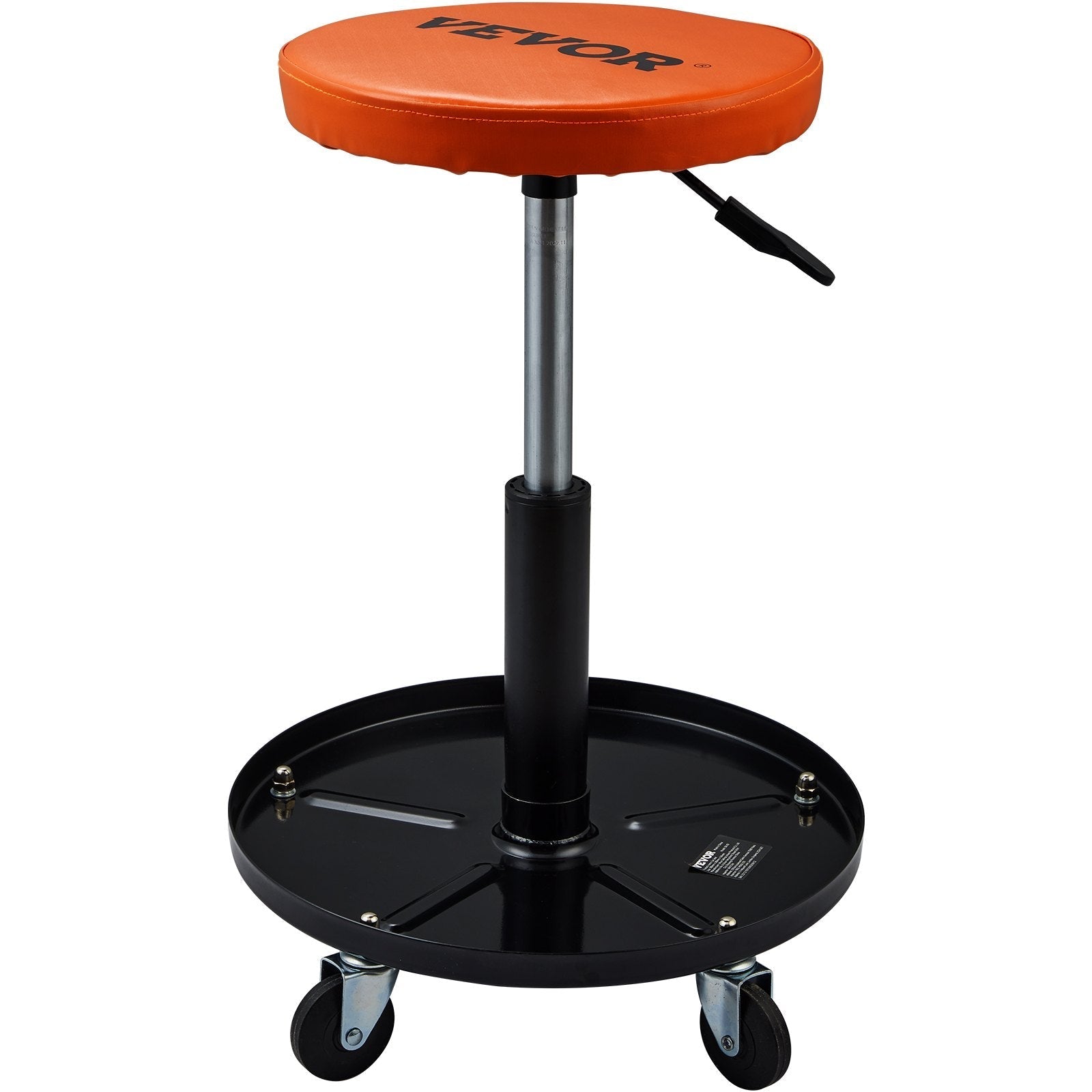 VEVOR Mechanic Stool, 250 LBS Rolling Pneumatic Creeper Garage/Shop Seat, Adjustable Height 16 in-22 in Padded Rolling Workshop Stool with Tool Tray, for Garage, Shop, Auto Repair, Black+Orange