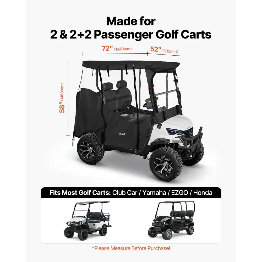 Golf Cart Cover for 2 & 2+2 Passenger Carts, Full Enclosure 600D Waterproof Oxford Fabric Cover with Clear PVC Windshield, Roll-Up Doors & Windproof Straps