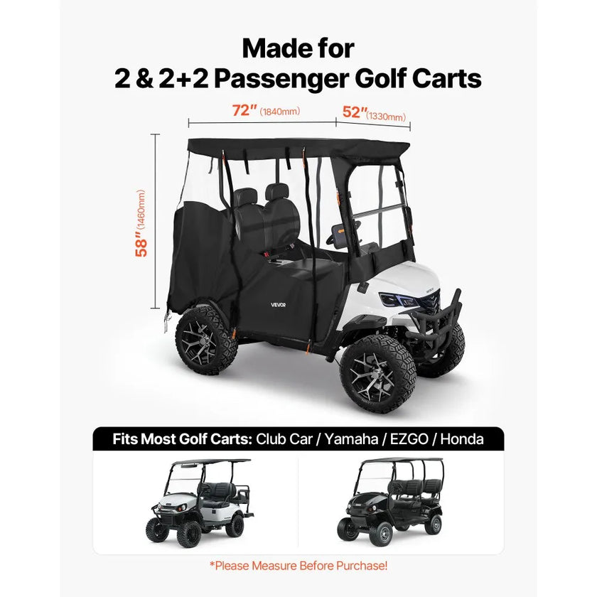 Golf Cart Cover for 2 & 2+2 Passenger Carts, Full Enclosure 600D Waterproof Oxford Fabric Cover with Clear PVC Windshield, Roll-Up Doors & Windproof Straps
