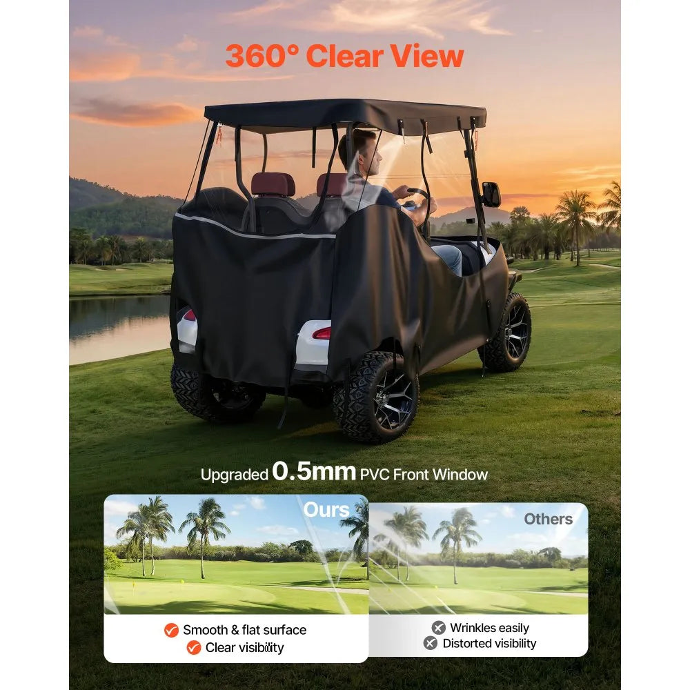 Golf Cart Cover for 2 & 2+2 Passenger Carts, Full Enclosure 600D Waterproof Oxford Fabric Cover with Clear PVC Windshield, Roll-Up Doors & Windproof Straps