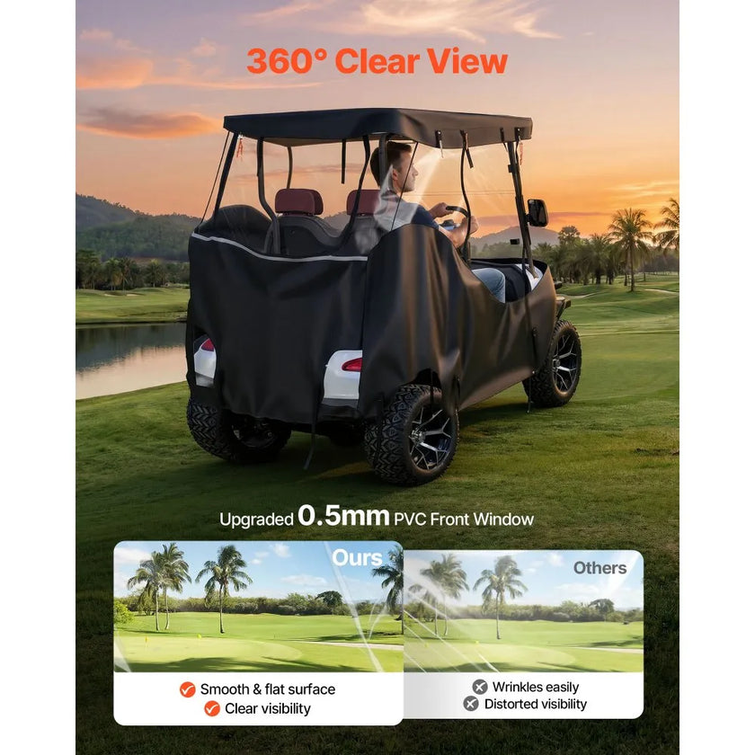 Golf Cart Cover for 2 & 2+2 Passenger Carts, Full Enclosure 600D Waterproof Oxford Fabric Cover with Clear PVC Windshield, Roll-Up Doors & Windproof Straps