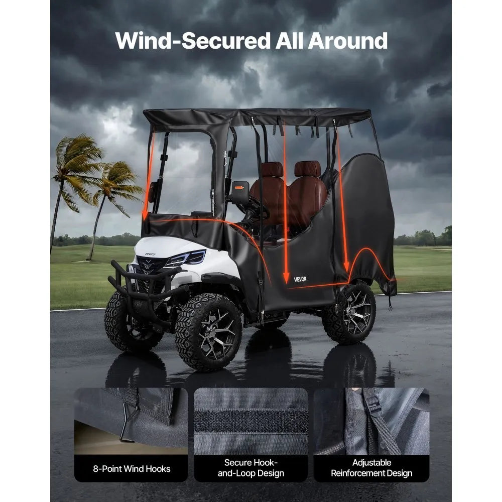 Golf Cart Cover for 2 & 2+2 Passenger Carts, Full Enclosure 600D Waterproof Oxford Fabric Cover with Clear PVC Windshield, Roll-Up Doors & Windproof Straps