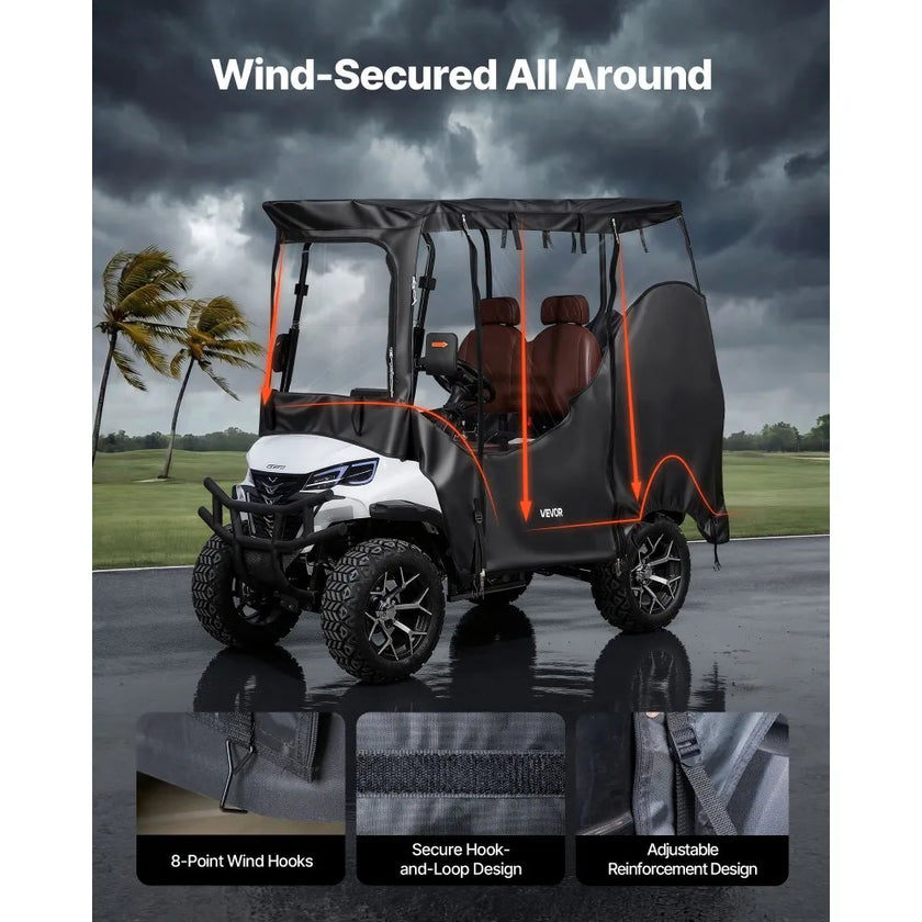 Golf Cart Cover for 2 & 2+2 Passenger Carts, Full Enclosure 600D Waterproof Oxford Fabric Cover with Clear PVC Windshield, Roll-Up Doors & Windproof Straps