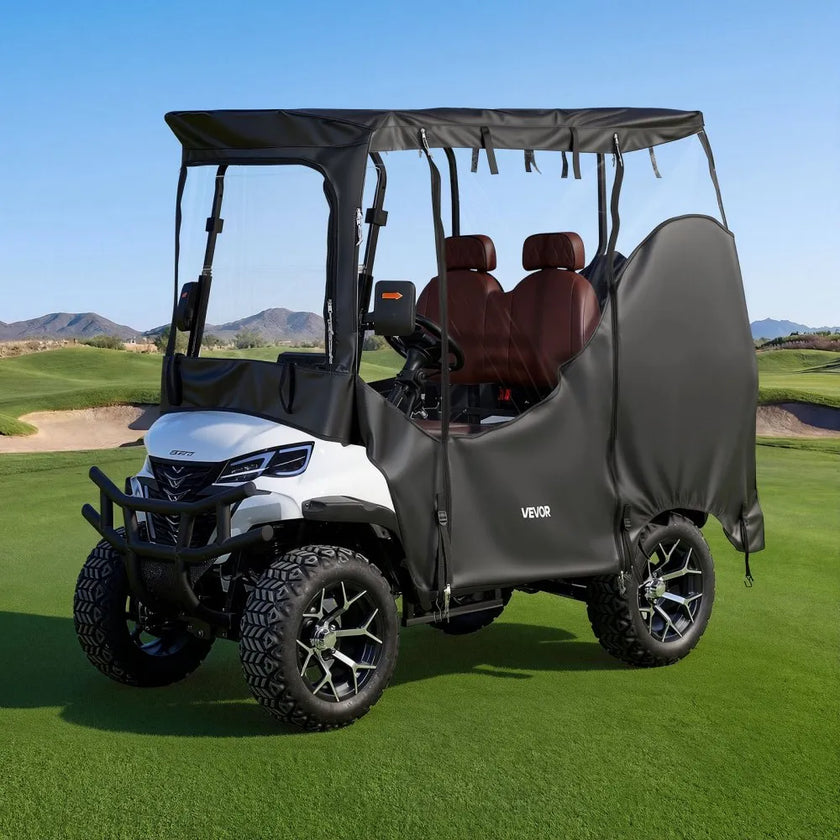 Golf Cart Cover for 2 & 2+2 Passenger Carts, Full Enclosure 600D Waterproof Oxford Fabric Cover with Clear PVC Windshield, Roll-Up Doors & Windproof Straps