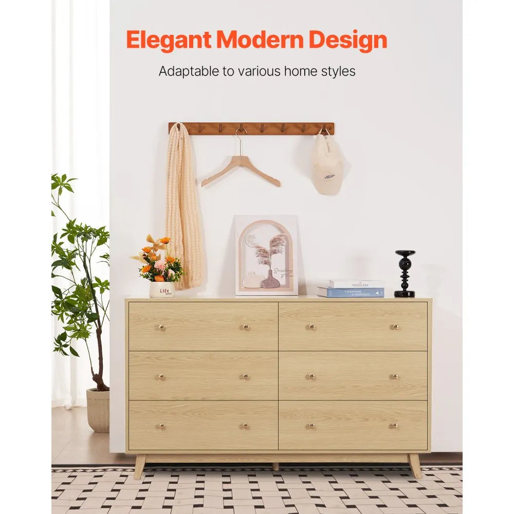 6 Drawer Dresser, Modern Wooden Storage Chest with Metal Handles & Anti-Tip Device, Light Wood