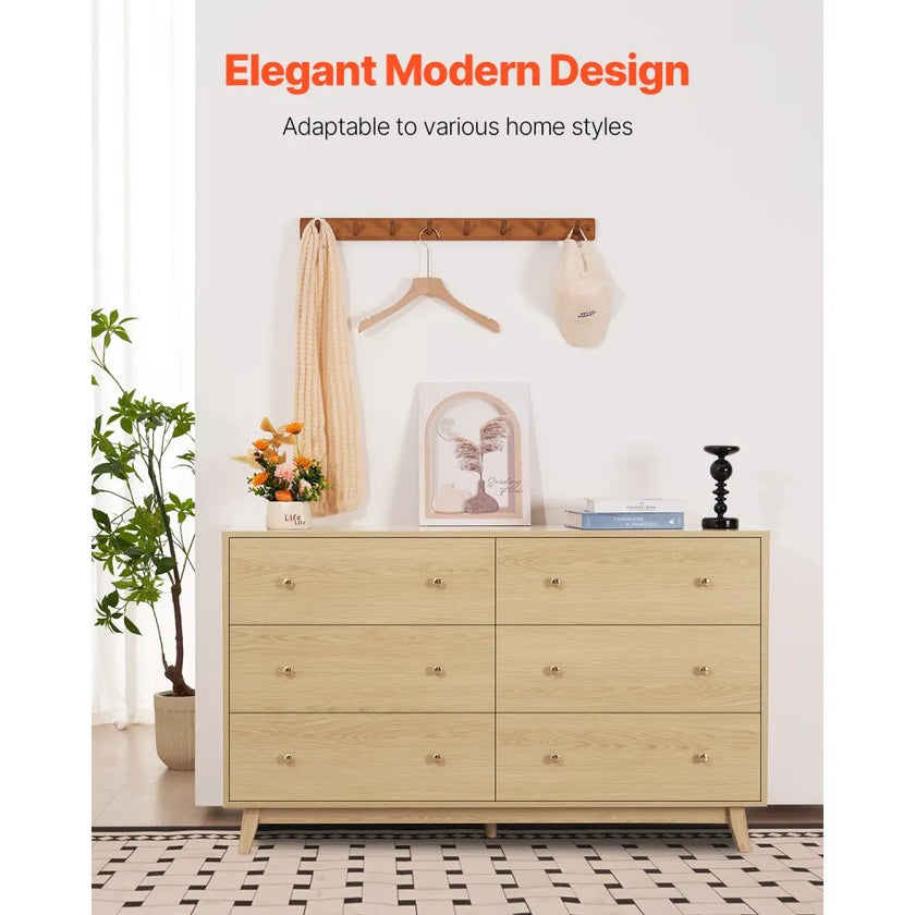 6 Drawer Dresser, Modern Wooden Storage Chest with Metal Handles & Anti-Tip Device, Light Wood