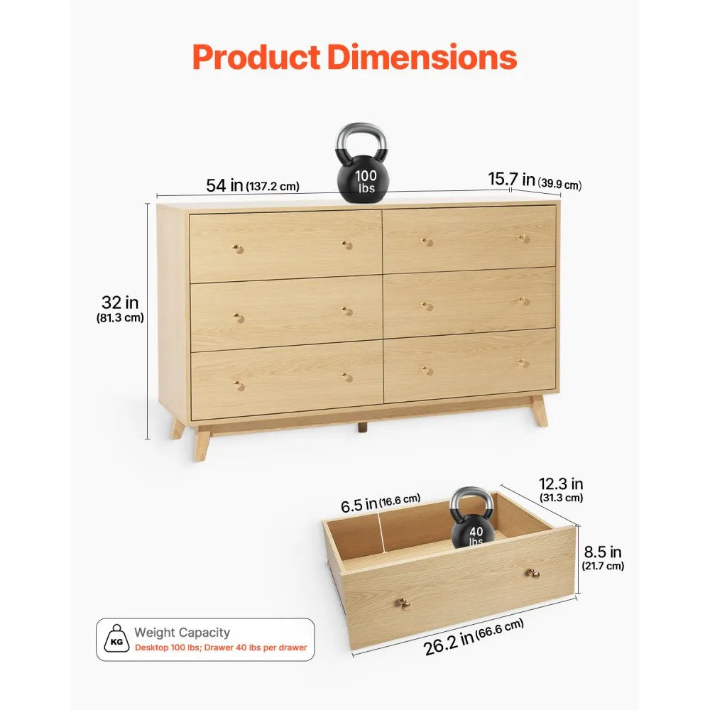 6 Drawer Dresser, Modern Wooden Storage Chest with Metal Handles & Anti-Tip Device, Light Wood