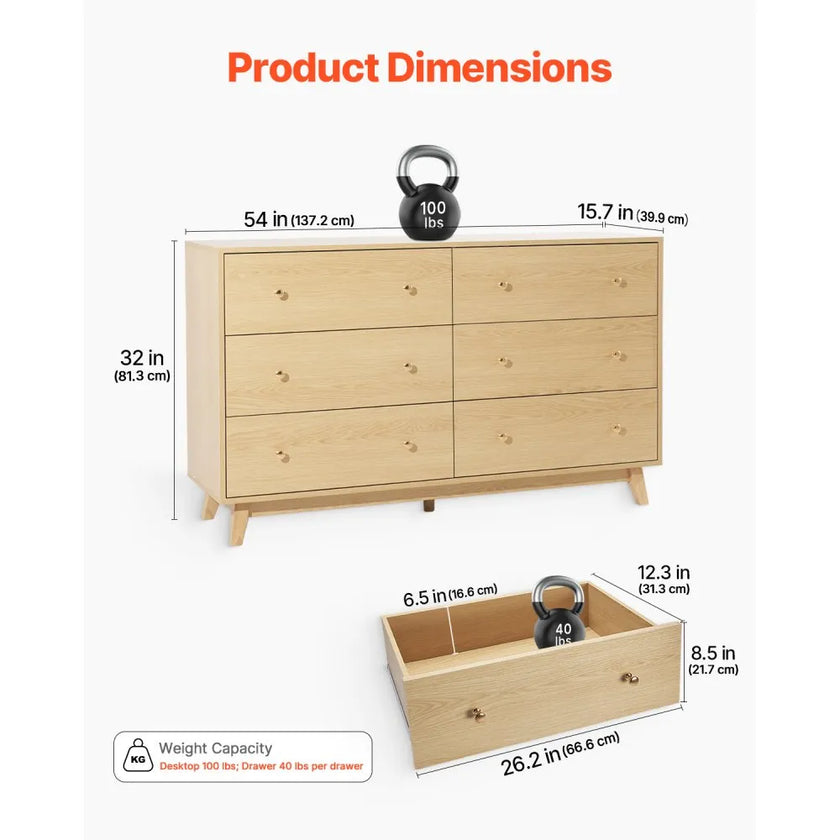 6 Drawer Dresser, Modern Wooden Storage Chest with Metal Handles & Anti-Tip Device, Light Wood