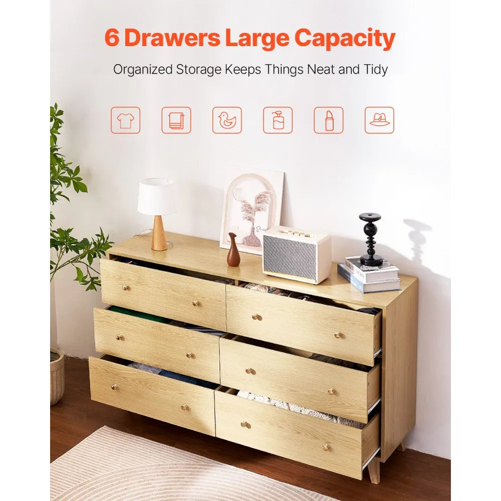 6 Drawer Dresser, Modern Wooden Storage Chest with Metal Handles & Anti-Tip Device, Light Wood