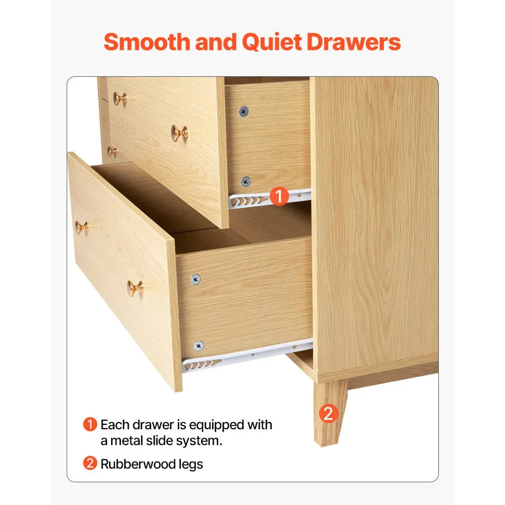 6 Drawer Dresser, Modern Wooden Storage Chest with Metal Handles & Anti-Tip Device, Light Wood