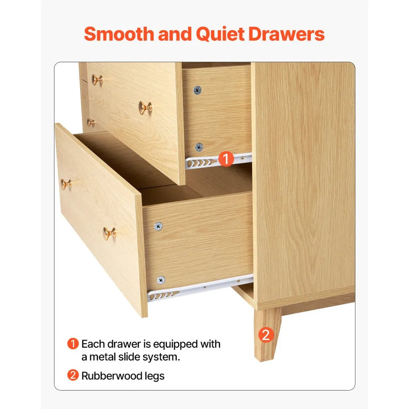 6 Drawer Dresser, Modern Wooden Storage Chest with Metal Handles & Anti-Tip Device, Light Wood
