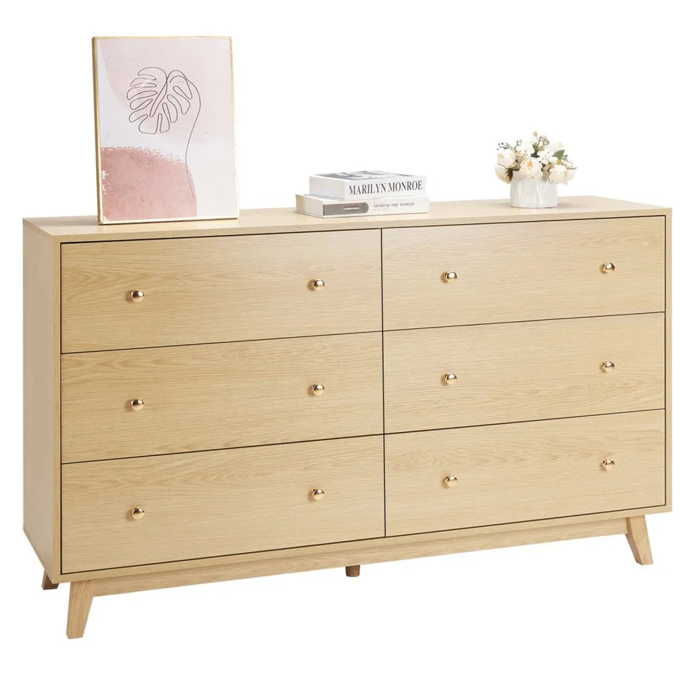 6 Drawer Dresser, Modern Wooden Storage Chest with Metal Handles & Anti-Tip Device, Light Wood