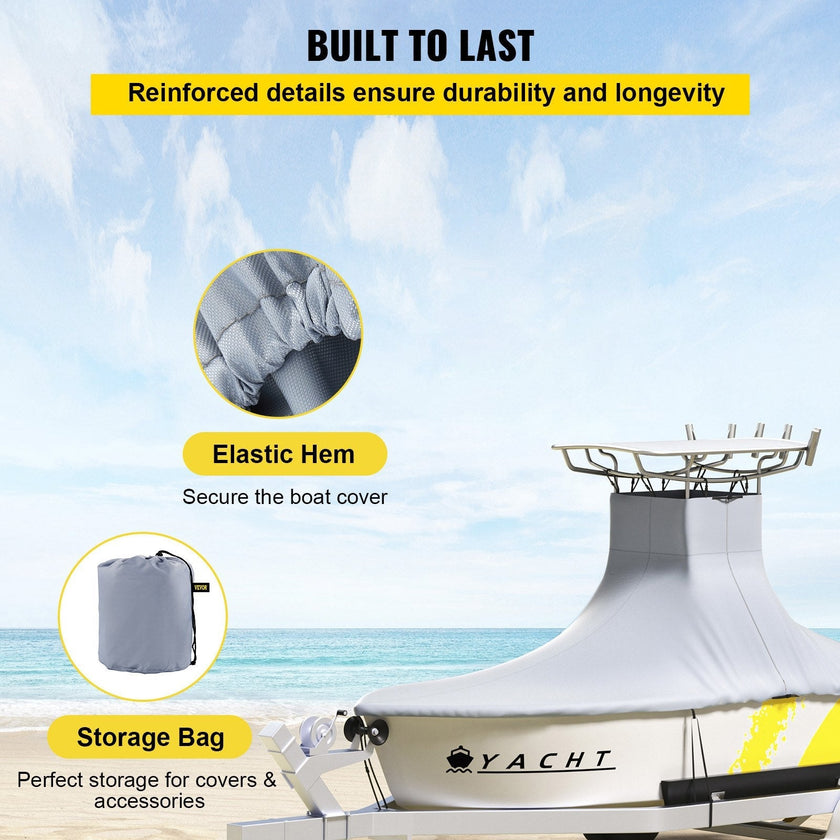 VEVOR T-Top Boat Cover, Fit for 16\'-18.5\' Boat, Heavy Duty 600D Marine Grade Oxford Hard Top Cover, UV Resistant Waterproof Center Console Boat Cover w/ 2 Support Poles and 5 Wind-Proof Straps, Gray