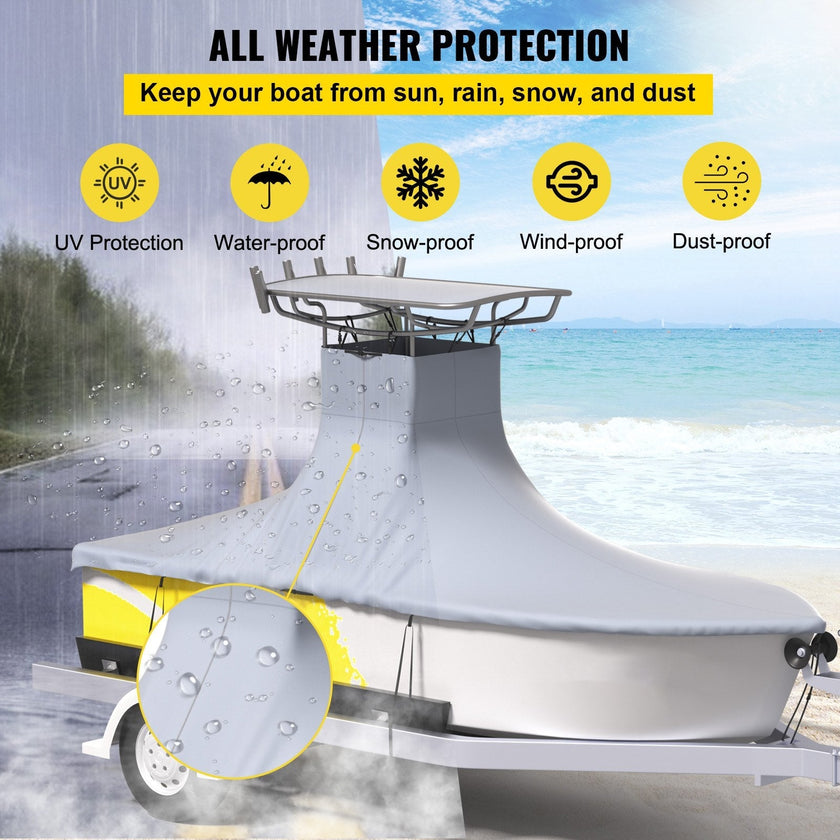VEVOR T-Top Boat Cover, Fit for 18.5\'-20\' Boat, Heavy Duty 600D Marine Grade Oxford Hard Top Cover, UV Resistant Waterproof Center Console Boat Cover w/ 2 Support Poles and 5 Wind-Proof Straps, Gray