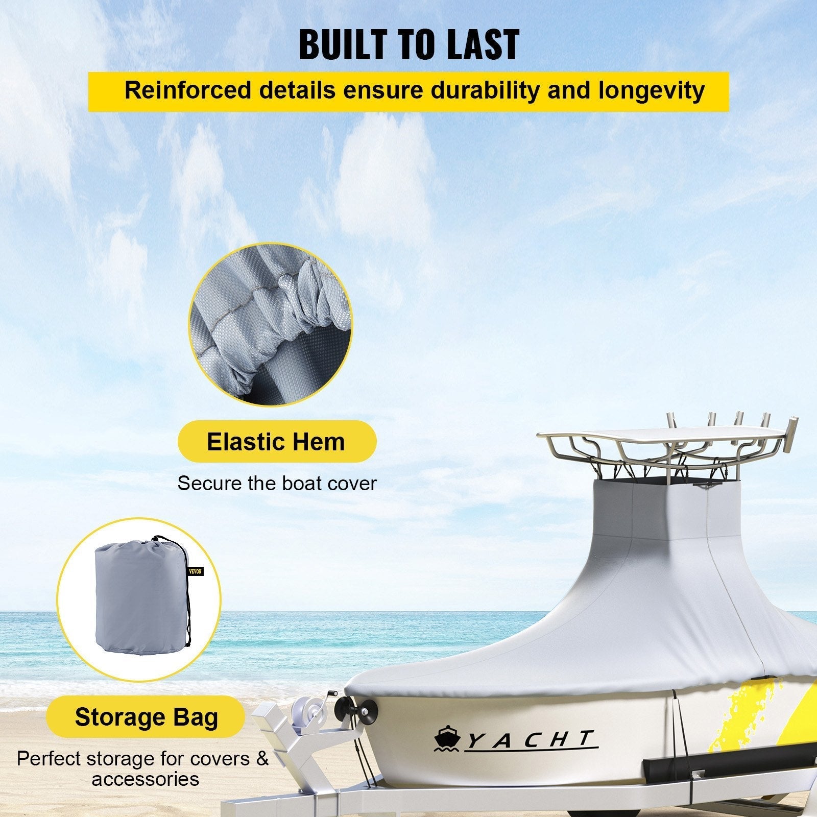 VEVOR T-Top Boat Cover, Fit for 18.5\'-20\' Boat, Heavy Duty 600D Marine Grade Oxford Hard Top Cover, UV Resistant Waterproof Center Console Boat Cover w/ 2 Support Poles and 5 Wind-Proof Straps, Gray