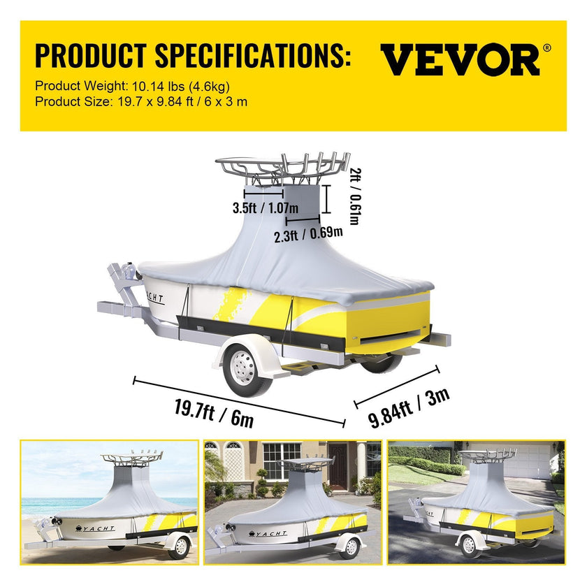 VEVOR T-Top Boat Cover, Fit for 18.5\'-20\' Boat, Heavy Duty 600D Marine Grade Oxford Hard Top Cover, UV Resistant Waterproof Center Console Boat Cover w/ 2 Support Poles and 5 Wind-Proof Straps, Gray