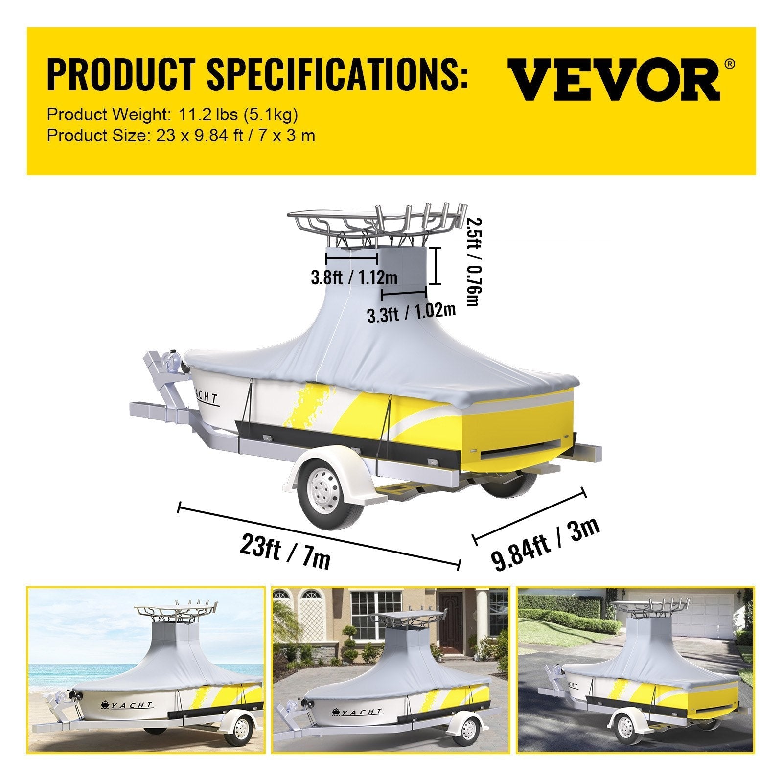 VEVOR T-Top Boat Cover, Fit for 20\'-22\' Boat, Heavy Duty 600D Marine Grade Oxford Hard Top Cover, UV Resistant Waterproof Center Console Boat Cover w/ 2 Support Poles and 7?Wind-Proof Straps, Gray