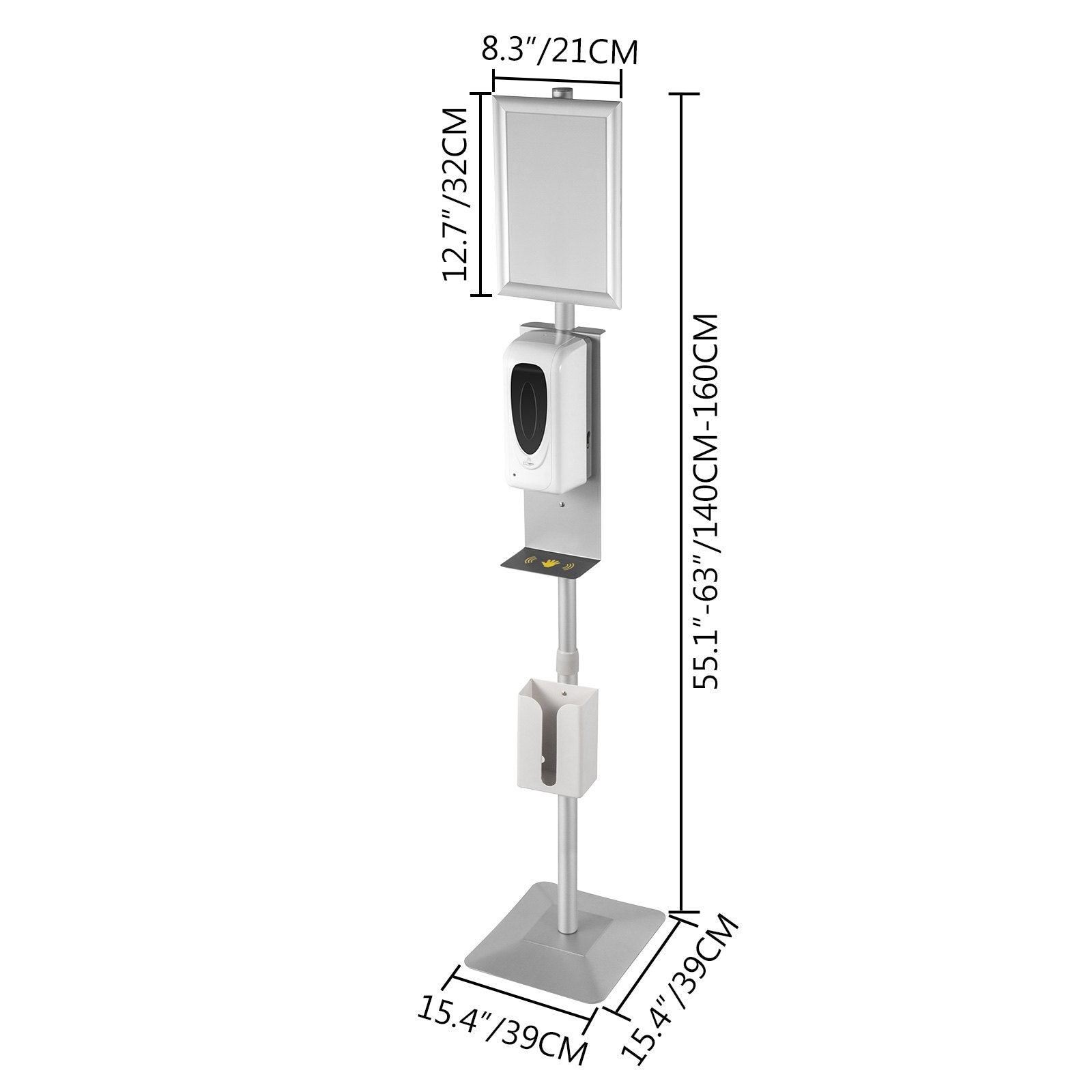VEVOR Automatic Hand Dispenser with Stand, Infrared Sensing Sanitizing Station with Signboard & Tissue Box, 1000 mL Hand Sanitizer Dispenser, 55''-63'' H Hand Sanitizer Stand for Home & Public Areas