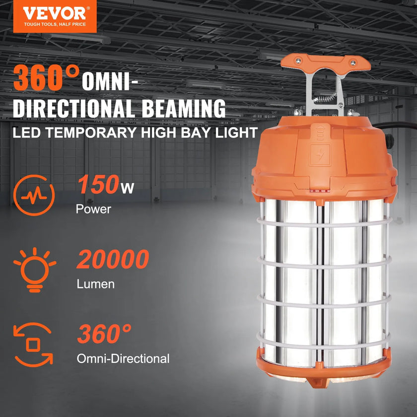 VEVOR LED Temporary Work Light, 150W, 20000lm Construction Lights, 5000K Portable Super Bright & Waterproof & Connected Up to 6 lights, Hanging Job Site Lighting for Indoor and Outdoor Lighting