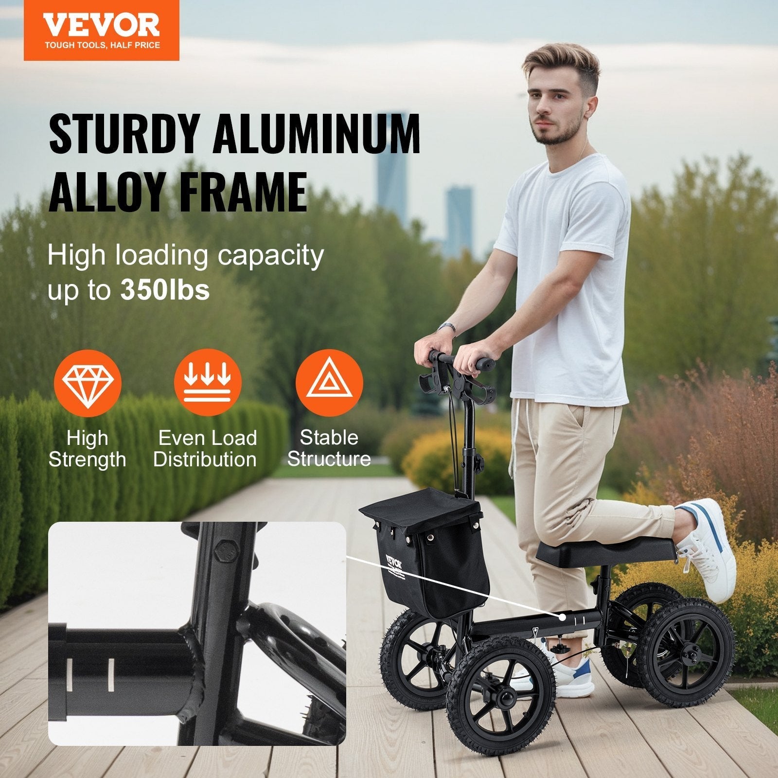VEVOR Folding Knee Scooter, Aluminum Steerable Knee Walker with Height-Adjustable Handlebar & Knee Pad, 12