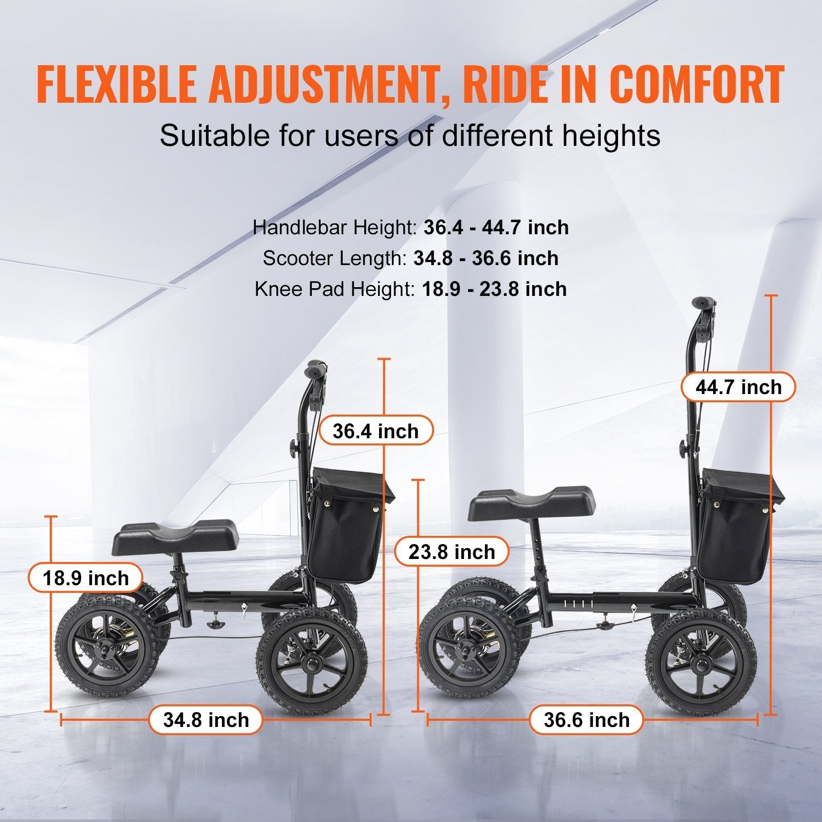 VEVOR Folding Knee Scooter, Aluminum Steerable Knee Walker with Height-Adjustable Handlebar & Knee Pad, 12