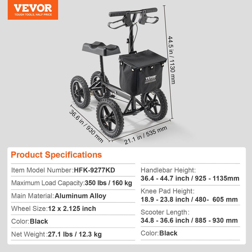VEVOR Folding Knee Scooter, Aluminum Steerable Knee Walker with Height-Adjustable Handlebar & Knee Pad, 12