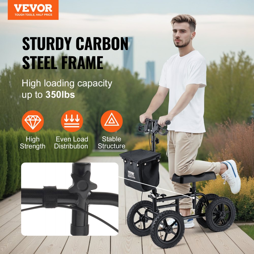 VEVOR Folding Knee Scooter, Carbon Steel Steerable Knee Walker with Height-Adjustable Handlebar & Knee Pad, 12