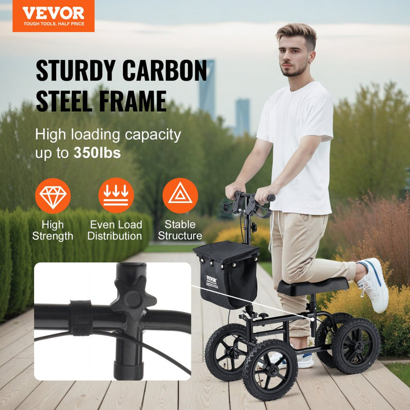 VEVOR Folding Knee Scooter, Carbon Steel Steerable Knee Walker with Height-Adjustable Handlebar & Knee Pad, 12