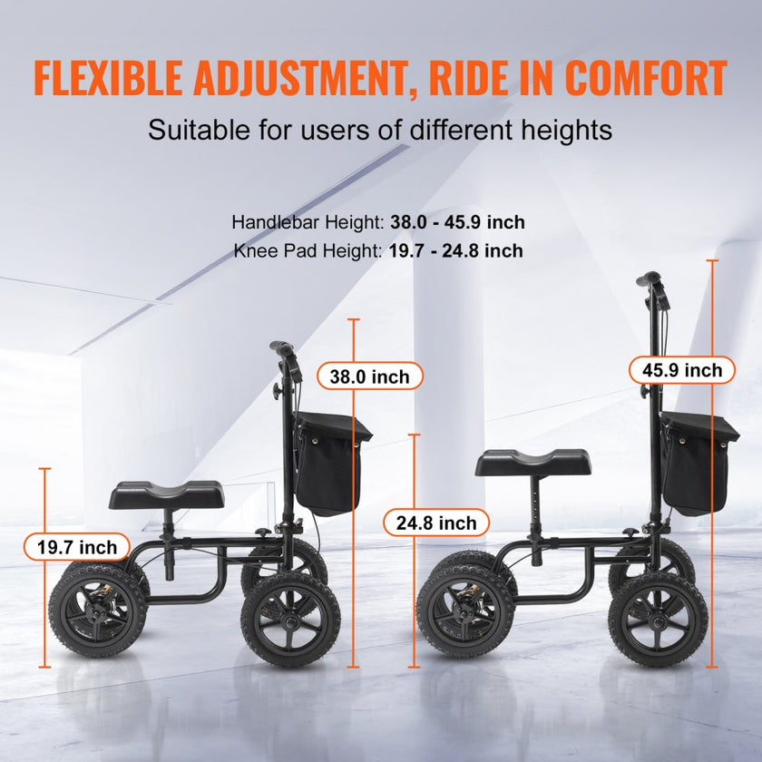 VEVOR Folding Knee Scooter, Carbon Steel Steerable Knee Walker with Height-Adjustable Handlebar & Knee Pad, 12