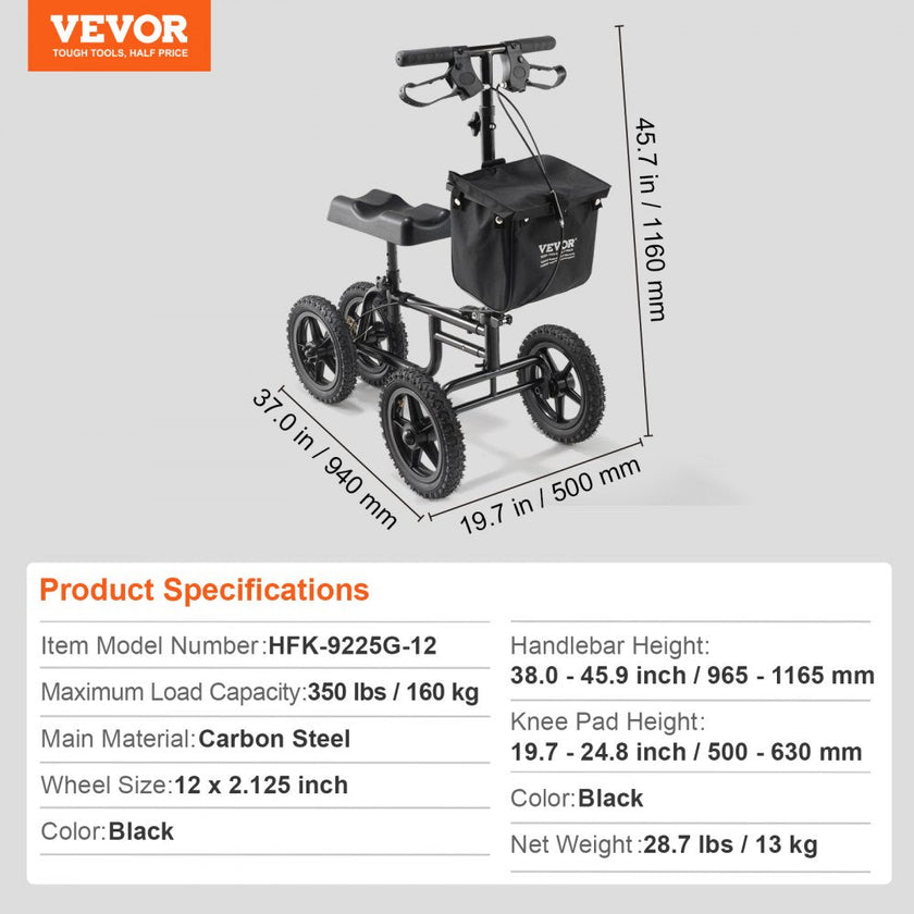 VEVOR Folding Knee Scooter, Carbon Steel Steerable Knee Walker with Height-Adjustable Handlebar & Knee Pad, 12
