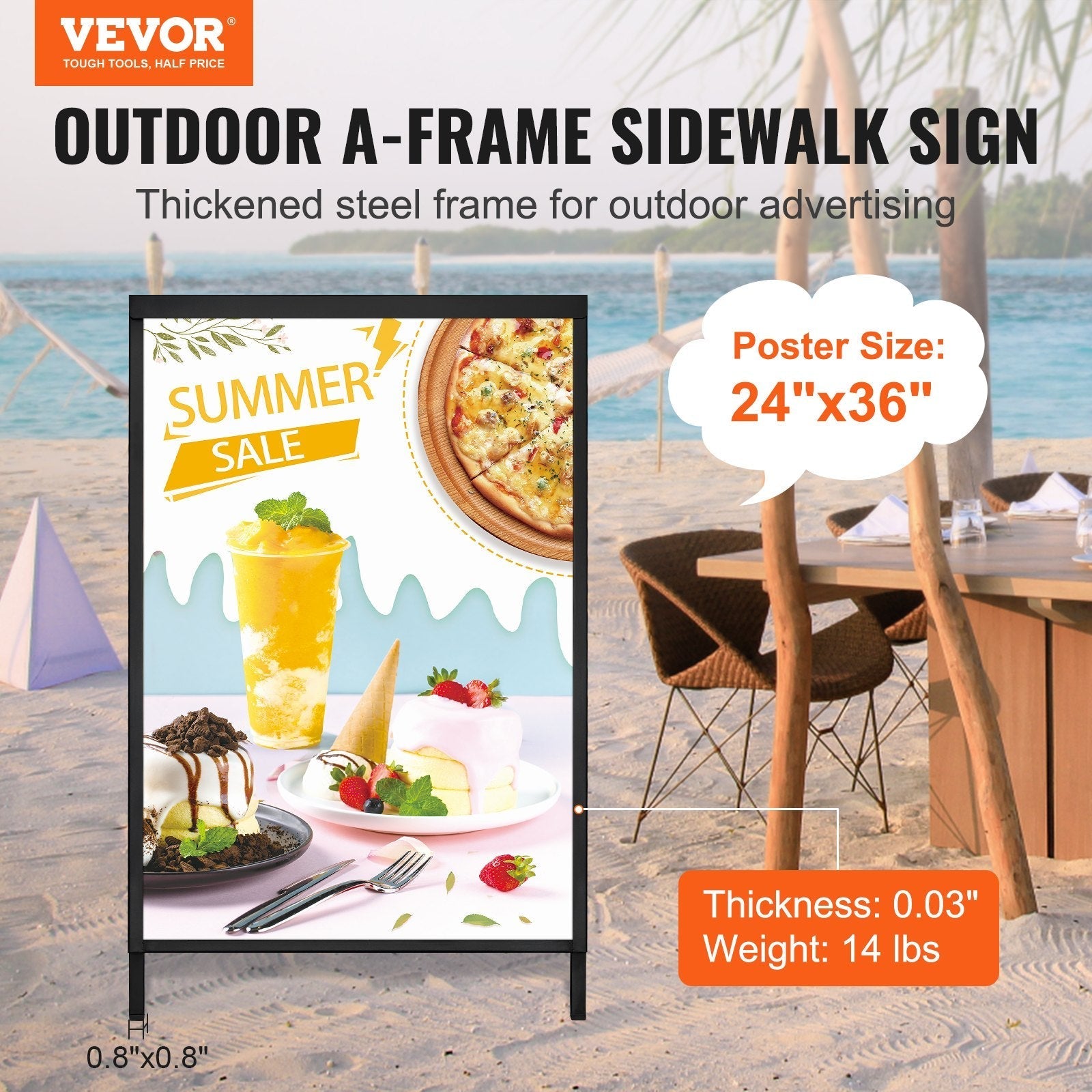 VEVOR A Frame Sidewalk Sign, 24x36 Inch Heavy Duty Slide-in Signboard Holder, Double-Sided Folding Sandwich Board Signs, Steel Pavement Sign Poster for Outdoor Business Street Advertising (Frame only)