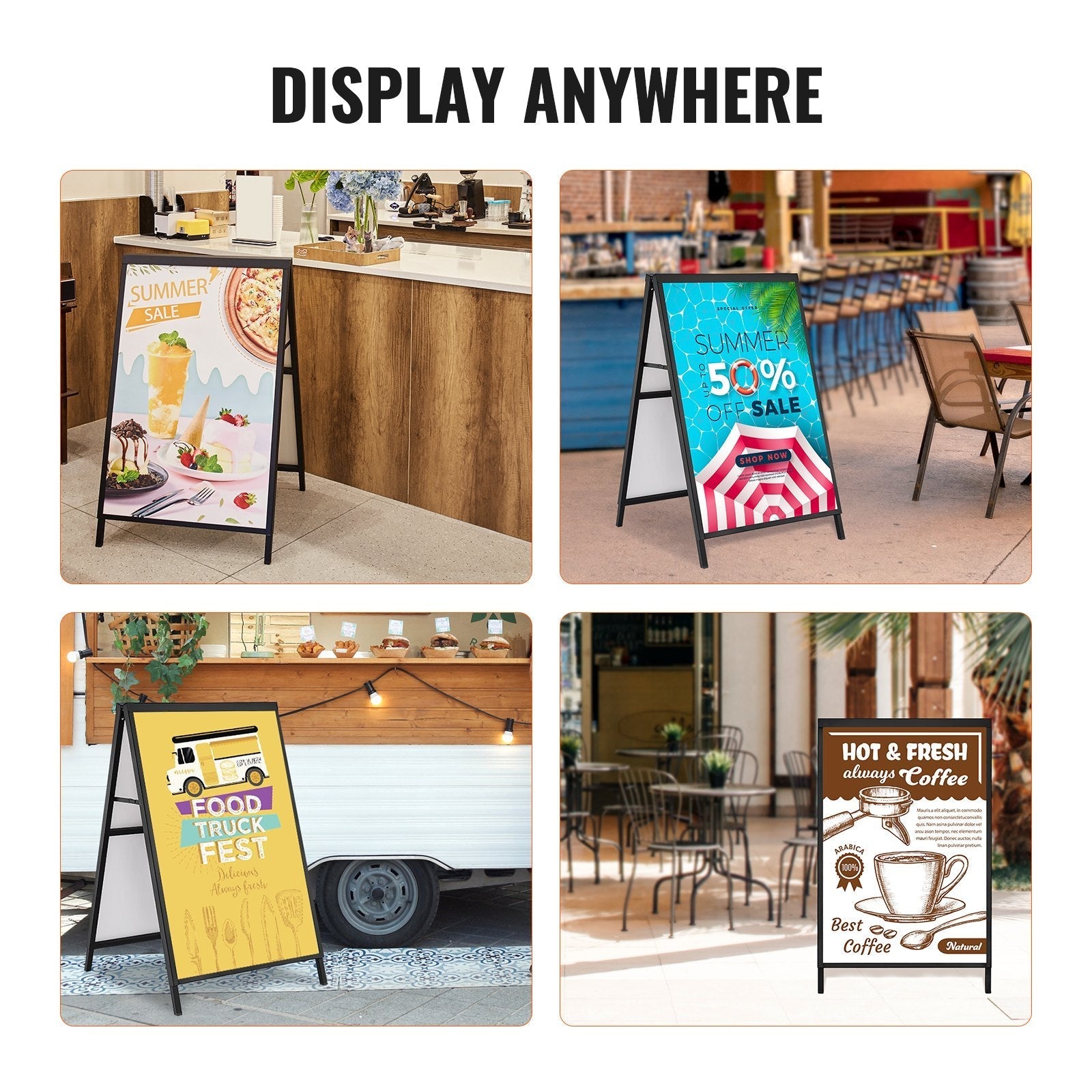 VEVOR A Frame Sidewalk Sign, 24x36 Inch Heavy Duty Slide-in Signboard Holder, Double-Sided Folding Sandwich Board Signs, Steel Pavement Sign Poster for Outdoor Business Street Advertising (Frame only)