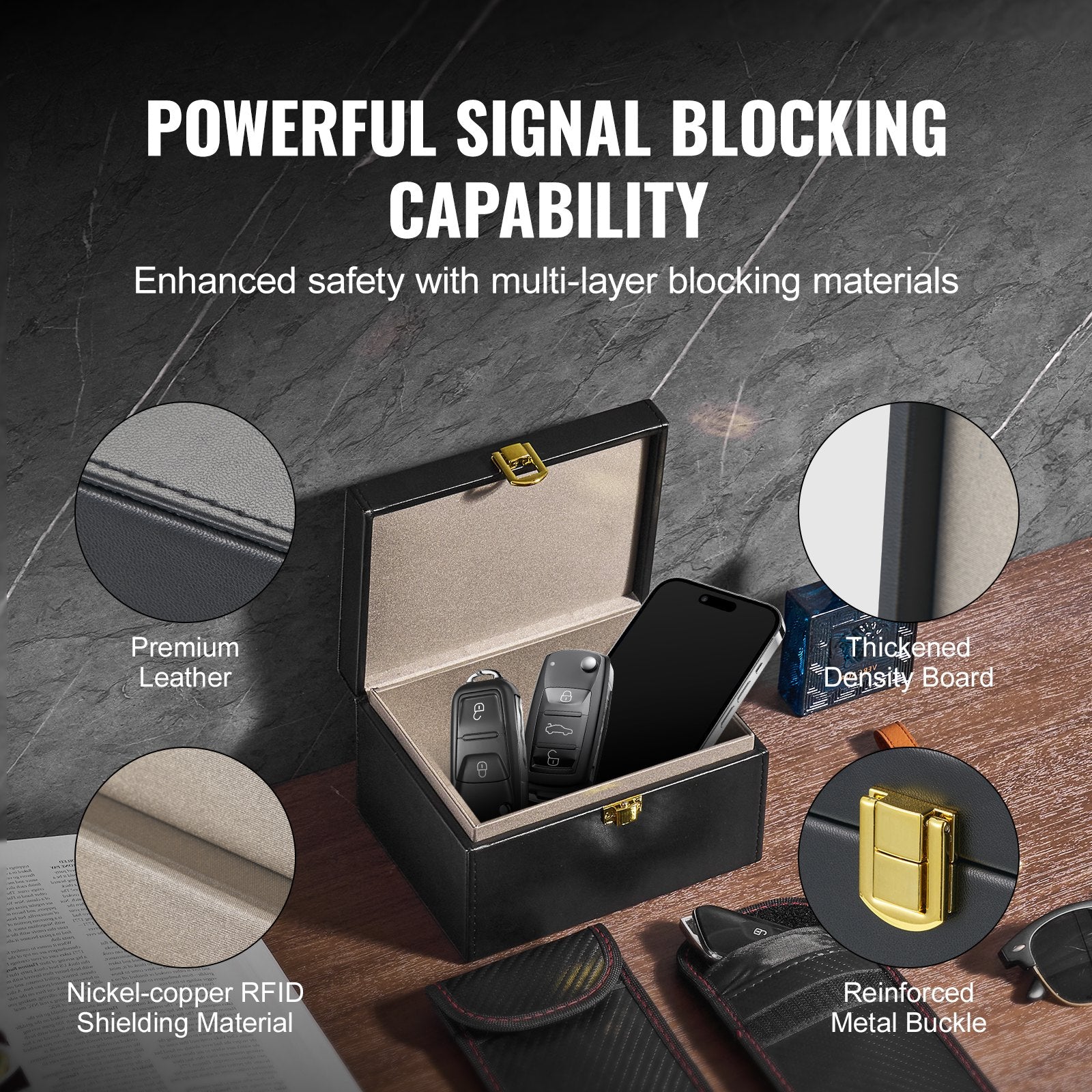 VEVOR Faraday Box Signal Blocking Holder for 5~8 Car Keys with 2 Key Bags Black