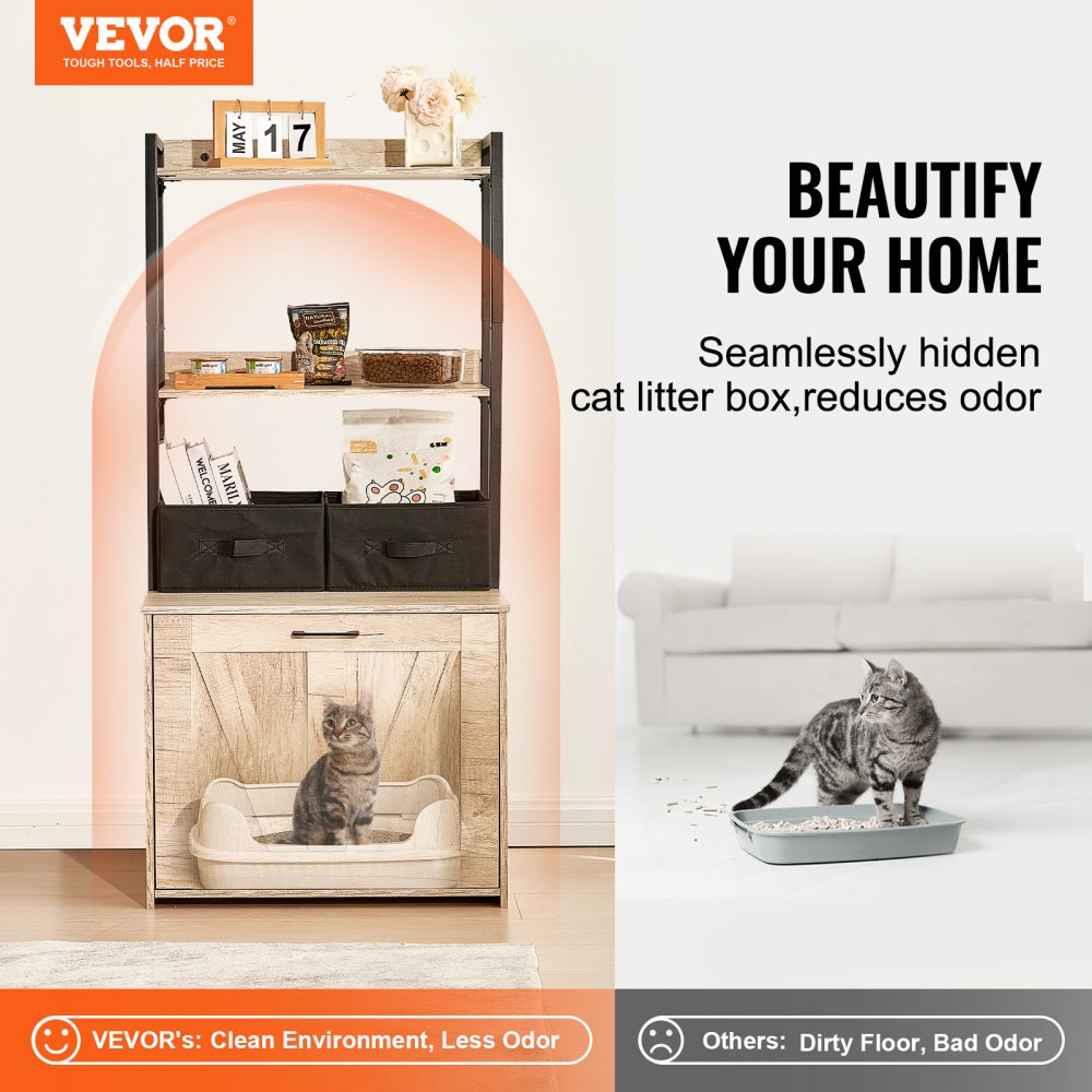 VEVOR Cat Litter Box Enclosure Litter Box Furniture Hidden 2 Shelves & 2 Baskets