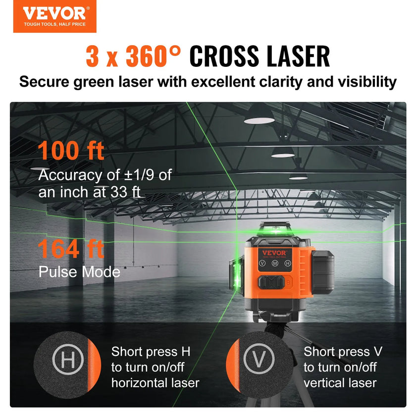 VEVOR Laser Level, 100ft, Self Leveling Manual Green 3 x 360° Cross Line Laser, IP54 Waterproof Remote Control Manual Self-leveling Mode & 8h Continuous Working Time Line Laser, Battery and Stand Incl
