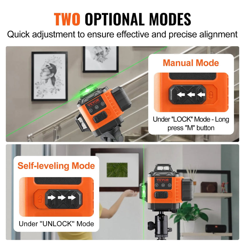 VEVOR Laser Level, 100ft, Self Leveling Manual Green 3 x 360° Cross Line Laser, IP54 Waterproof Remote Control Manual Self-leveling Mode & 8h Continuous Working Time Line Laser, Battery and Stand Incl