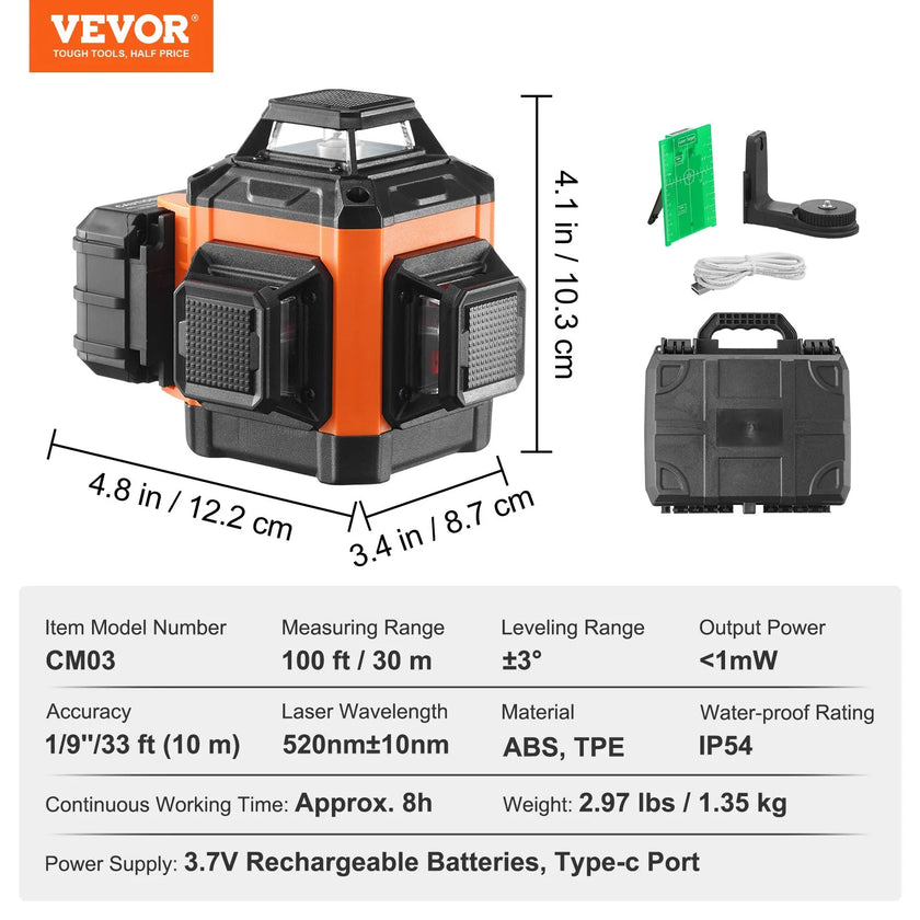 VEVOR Laser Level, 100ft, Self Leveling Manual Green 3 x 360° Cross Line Laser, IP54 Waterproof Remote Control Manual Self-leveling Mode & 8h Continuous Working Time Line Laser, Battery and Stand Incl