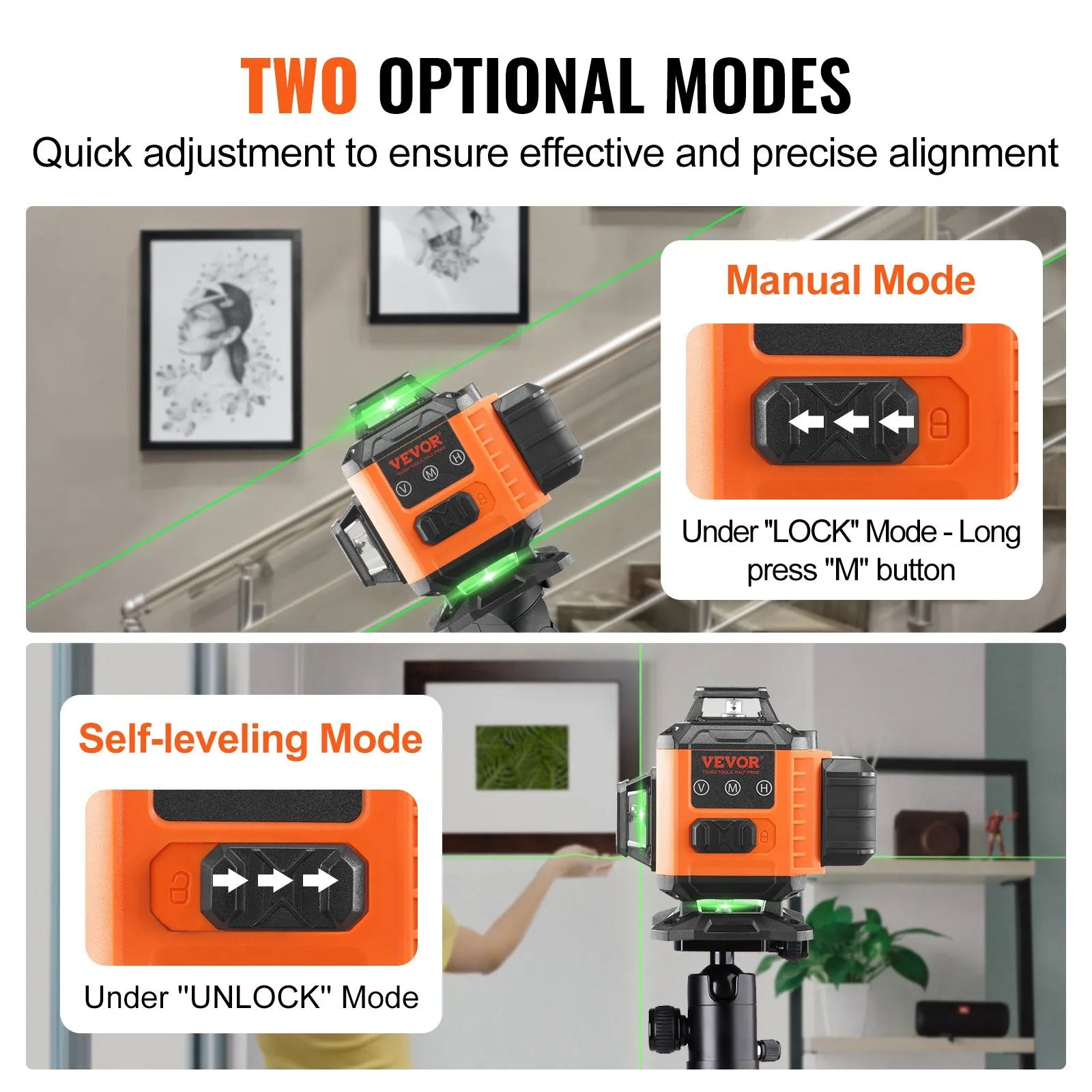 VEVOR Laser Level, 100ft, Self Leveling Manual Green 3 x 360° Cross Line Laser, IP54 Waterproof Remote Control Manual Self-leveling Mode & 5h Continuous Working Time Line Laser, Battery Include