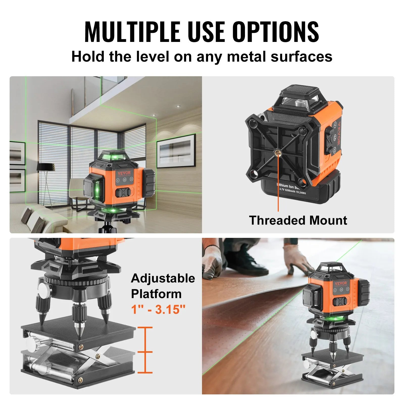 VEVOR Laser Level, 100ft, Self Leveling Manual Green 3 x 360° Cross Line Laser, IP54 Waterproof Remote Control Manual Self-leveling Mode & 5h Continuous Working Time Line Laser, Battery Include