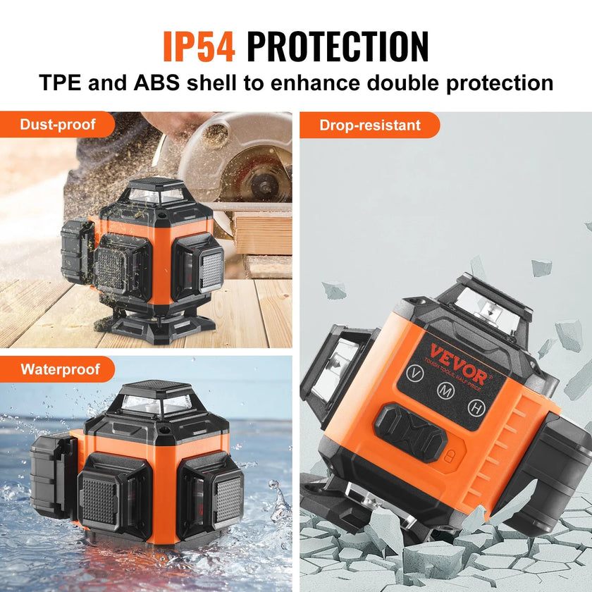 VEVOR Laser Level, 100ft, Self Leveling Manual Green 3 x 360° Cross Line Laser, IP54 Waterproof Remote Control Manual Self-leveling Mode & 5h Continuous Working Time Line Laser, Battery Include